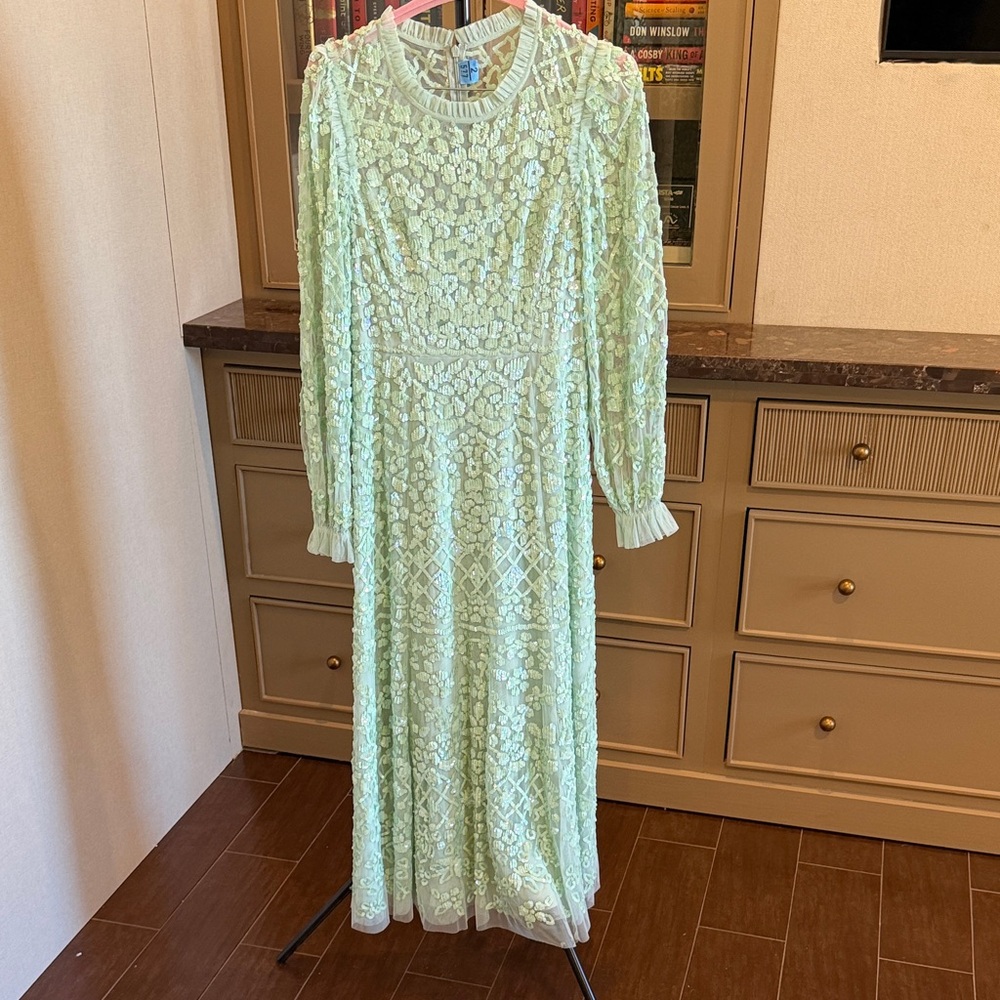 Needle & Thread Light Green Floral Lace Long Sleeve Dress
